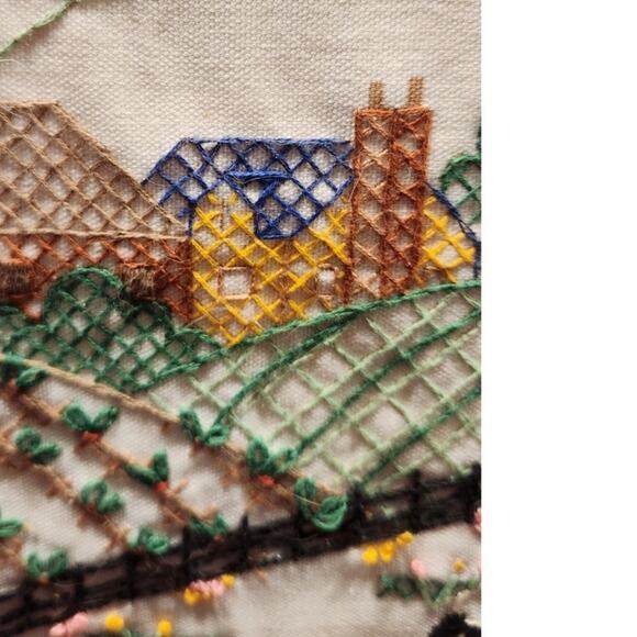 Vtg counted cross stitch of a country farm,w/sheep/crops w/farmhouse/barn Framed - Picture 7 of 14